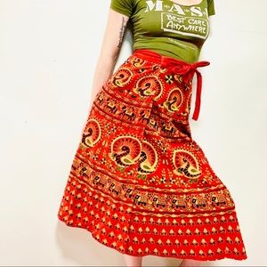 VINTAGE Red Print Boho Wrap Skirt
